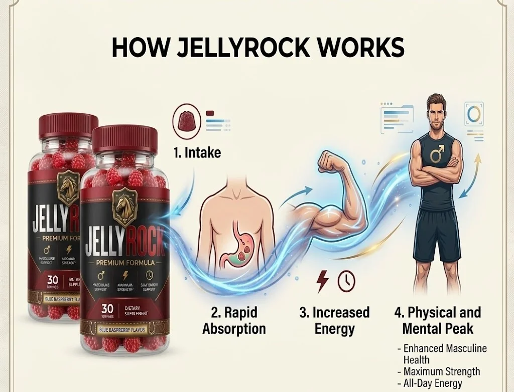 Brand infographic: how Jelly Rock works in four steps, intake, rapid absorption, increased energy, and physical and mental peak